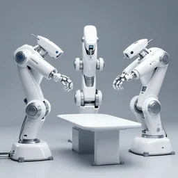 three large white glossy cybernetic symbiosis thick bifurcated robotic cnc surgical hybrid mri 3 d printer machines on the floor around table, tall windows, the table is full parts, they are inside a living room with retro modern furniture and decor, global illumination, artstation, fantasy, iridescent liquid alchemy intricate, detailed, volumetric light