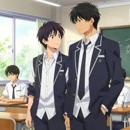 boy's love anime high school classroom spring noon scene, high detail concept art, perfect proportions fine face, tall handsome guys, close together romantic undertones, avant designer uniform, vivid colors, realistic shaded lighting poster fantasy art artgerm, kyoani, katsuhiro, jeremy lipking and michael germash, makoto shinkai, loish, best selling artist, 8 k