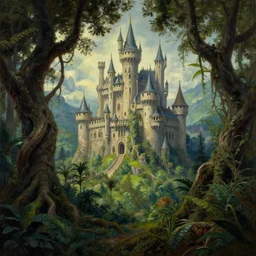 fairy palace, castle towers, gnarly trees, lush vegetation, forest landscape, painted by tom bagshaw, raphael lacoste, eddie mendoza, alex ross concept art matte painting