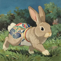 a bunny rabbit, by studio ghibli painting, by Joaquin Sorolla rhads Leyendecker, An aesthetically pleasing, dynamic, energetic, lively, well-designed digital art of a bunny rabbit, overlaid with aizome patterns, by Ohara Koson and Thomas Kinkade, traditional Japanese colors, superior quality, masterpiece