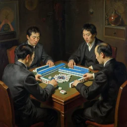 salarymen playing mahjong by beksinski, dark canvas, in the style of edward hopper rodcenko yue minjun caravaggio, intricate details, hard shadows, artstation