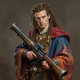 an anthropomorphic beautiful male wizard portrait holding bazooka wearing colourful robe, dreadlock breed hair, fine art, award winning, intricate, elegant, sharp focus, octane render, hyperrealistic, cinematic lighting, highly detailed, digital painting, 8 k concept art, art by jamie hewlett masterpiece, trending on artstation, 8 k