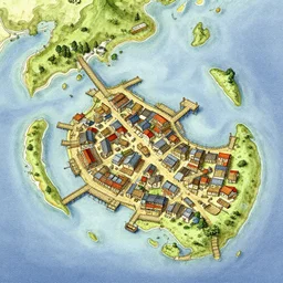 dnd shore port town and docks on islands, hand painted and drawn map