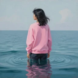 painting of a woman with black hair in pink sweatshirt standing in an infinite ocean, her body reflecting in water reflection, painting by james jean, alex ross, hyperdetailed, 4 k, soft lighting, digital art