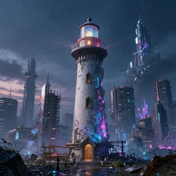 a beautiful photorealistic highly detailed lighthouse city nature unfinished building industrial architecture by i. m. pei, apocalyptic anime at night at dusk futuristic crystal alien rainforest extraterrestial neon noir azeroth lightpaint biopunk fantasy retrowave laser assassin's creed, archdaily, wallpaper, highly detailed, trending on artstation.