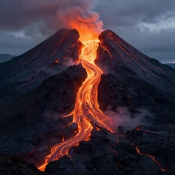 volcano with glowing orange lava rolling down the side of it, low lighting, unreal engine 5 octane render