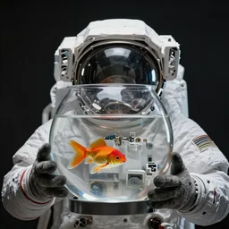 astronaut with fishbowl for helmet, fishbowl has a single goldfish