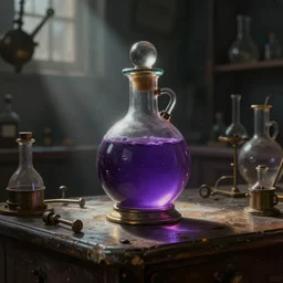 a steampunk painting of a vintage purple potion bottle, lit by a single ray of sunlight on a table in a dark dusty vintage science lab, by h. r. giger, hyperrealistic fantasy art, concept matte, ethereal, dreamy, digital art, trending on artstation, volumetric cinematic lighting