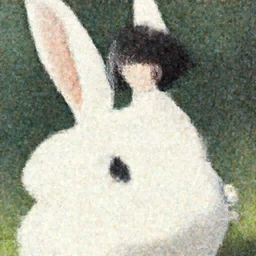 a girl riding a giant white rabbit. the girl has short hair and black eyes. finely detailed face. digital art. in the style of miyazaki. 4 k. trending on artstation.