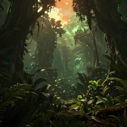 a beautiful render of a dark prehistoric rainforest, lush flora, insects flying around, patches of green - orange sky, intricate detail, god rays, hazy, humid, volumetric lighting, 8 k, photorealistic, raytracing effects, unreal engine 5