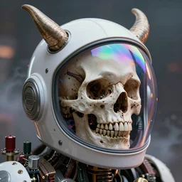 biomechanical skull inside a demon space helmet by Roberto Ferri, vintage transistors, white plastic, iridescent visor, nebulous gas background. intricate artwork by Tooth Wu and wlop and artgerm and ruan jia and greg rutkowski, octane render, cinematic, hyper realism, 8k, depth of field, bokeh, vibrant