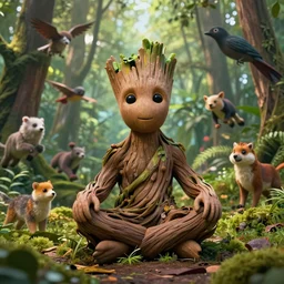 Groot meditating in a beautiful forest with many different animals, dynamic, energetic, colourful, exciting, by Igor Zenin