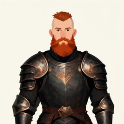 a ginger bearded fantasy young dwarf warrior, black and bronze plate armor, ( ( ( trimmed beard and half shaved head ) ) ), minimalist portrait by alex horsey and jeff easley