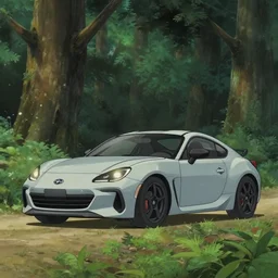 cinematic still of one subaru brz in a forest by studio ghibli