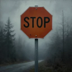 grunge painting of a street stop sign. in the distance, there is a forest. by bob ross, grim, gothic, ominous, haunting, foggy background, immaculate scale, hyper - realistic, trending on artstation, 8 k, detailed, atmospheric, immaculate