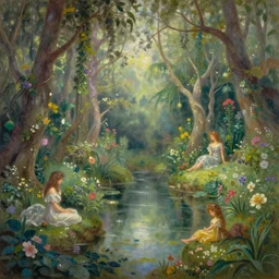 oil painted fairy garden with lake and fantasy trees ethereal by John Atkinson Grimshaw and Thomas Kinkade, trending on artstation