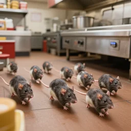 rats run around in a fast food restaurant kitchen