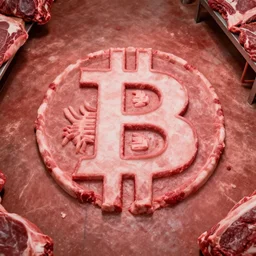 bitcoin logo carved out from raw meat in butchery floor, real photo