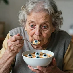 grandma eating a bowl of cereal made of eyes, salviadroid, 4 k, digital art, hyperrealism, psychedelic