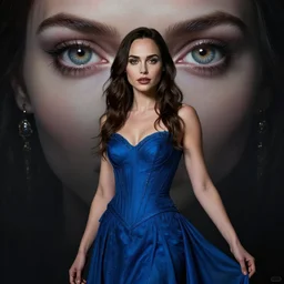 in the style of joshua middleton, artgerm, beautiful gal gadot, steampunk, full body, blue dress, elegant pose, middle shot, spooky, symmetrical face, symmetrical eyes, detailed realisitc eyes, detailed realistic eyes, detailed and intricate