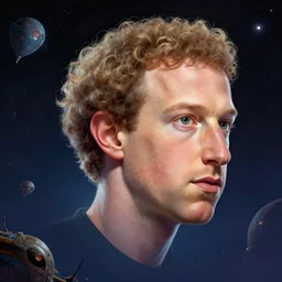 A floating head of mark zuckerberg as an alien in space, fantasy art, in the style of artgerm, illustration, epic, fantasy, intricate, hyper detailed, artstation, concept art, smooth, sharp focus, ray tracing, vibrant, artgerm, award winning art, 3d scene
