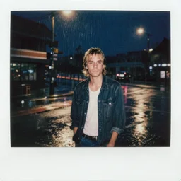 polaroid of kurt cobain on a rainy night in seattle, raining! nighttime