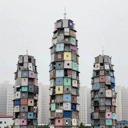 towers made up of makeshift squatter shacks with pastel colours, plain uniform sky at the back, misty, mamiya rb 6 7, ultra sharp, very detailed, photographed by le corbusier
