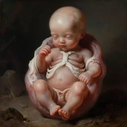 anatomical painting of ribbed human embryo, covered with white meat, dream - like heavy mysterious atmosphere, in the wastelands, baroque portrait painting, perfect composition, beautiful detailed intricate detailed octane render, unreal engine 5, trending on artstation, 8 k, photorealistic, volumetric cinematic perfect light, chiaroscuro, masterpiece, raphael, caravaggio, beksinski, giger