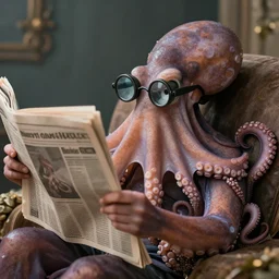 a fancy rich octopus reading a newspaper. the octopus is wearing a monocle. nature photography