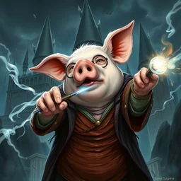 a brilliant pig looking like harry potter, fighting against voldemort with magic in front of hogwarts, fantasy art, illustration, amazing detail, in the style of greg rutkowski, artgerm, cgsociety