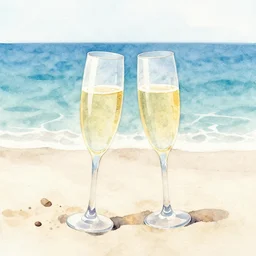 watercolor painting of two champagne glasses on a beach with the sea in the background