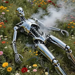 destroyed terminator lying in a field of flowers, twisted, chrome, reflections, anthropomorphic, photorealism, smoke, 8 k, wires, smooth, sharp focus, top view, extremely detailed, hyperrealism, elegant, establishing shot, by jeff koons, artgerm and greg rutkowski