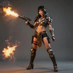 full length photo of a beautiful atompunk warrior with a flamethrower, 8 k, hdr, smooth, sharp focus, high resolution, award - winning photo