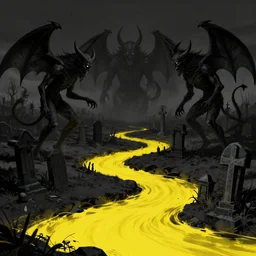vantablack graveyard and demons with a yellow river, artstation