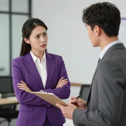 woman in a purple suit scolding man holding clipboard, realistic, 4 k