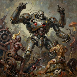 oil paint of flayed god machines, cluster epic battle chaos, intricately macerated by age, sentient, dethroned goliath machine, whipping blood turbines, hydrocracking battles, rusted, macerated, eviscerated by fimbria wires, bicornate fungal pit, trash patina sheen rotting, by alberto bontempi, alex ross, shigeru