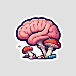 awesome logo of a brain and mushroom and pills with dank techno. synthwave colours, in the style of spirited away, hyperrealism, lush detail, award winning, trending on behance