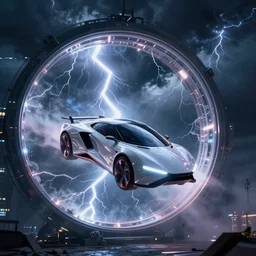 futuristic flying car emerging from a circular portal made of lightning in the sky, thunderstorms at night, 8k 28mm cinematic photo