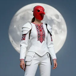 female adventurer in tight full - body white embroidered leather armor of ukrainian vyshyvanka design with red accents and a red porcelain crow mask, trending in artstation, ukrainian, artstation, big moon in the background, establishing shot