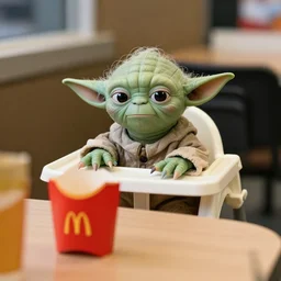 yoda, sitting in a high chair, behind a table, inside mcdonald's, annoyed, disgruntled, small red cardboard box with a yellow m logo, 3 5 mm, f / 2. 8