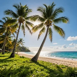 tropical paradise beach, beautiful magical palm trees hanging on the seashore. blue sky and azure sea water. sun illuminates the coast beach and the ocean, cinematic view, epic sky, detailed, concept art, low angle, high detail, warm lighting, volumetric, godrays, vivid, beautiful, trending on artstation, by jordan grimmer, huge scene, grass, art greg rutkowski