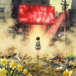 anime movie scene, mamoru oshii, otomo, ultra wide, dust cloud, vanishing point, hoody woman explorer, watercolor, empty, spiderwebs, trash, coral reef, daffodils, glowing red billboards, sun beam, dusty volumetric lighting, rim light, paper texture, puddles, deserted shinjuku junk town, wires, telephone pole, yellow, red