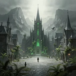 city square in the dwarven metropolis of water and ferns, located between the mountains. airbrush and metallic paints by award - winning visual concept artist, gothic horror, romanticism, depth of field, backlighting, minimalism