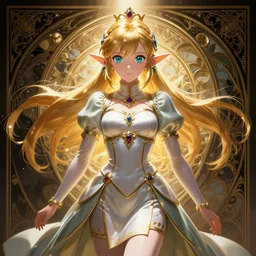 symmetry, portrait of anime girl princess zelda, ultra detailed, sublime, elegant, intricate, anime, dynamic lighting, glowing lights, smooth, digital art, digital painting, artstation, wlop, sharp focus, low key, illustration, art by artgerm and greg rutkowski and alphonse mucha and frazetta, 8 k