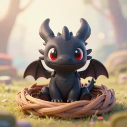 a portrait of a cute happy tiny black chibi dragon in a nest, red eyes, artstation, by magali villeneuve, by greg rutkowski, depth of field, beautiful lighting, pastel colors, bokeh, fantasy art