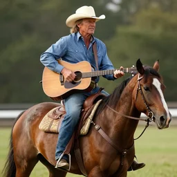 george strait riding a horse holding his acoustic guitar,