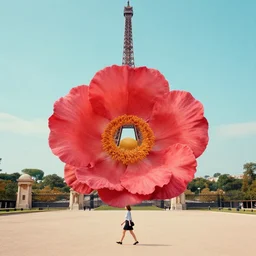 giant flower head, woman walking in paris, surreal photography, symmetry, flat space, fanciful, stark colours, detailed, wes anderson