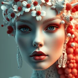 complex 3 d render hyper detailed ultra sharp beautiful sophisticated elegant female portrait, close - up, futuristic biomechanical, smooth porcelain ivory face, iris van herpen white daisies red corals haute couture headdress, filigree lace, rhizomorph finials spires, brackets, fractal colorful puffballs, octane render, 8 k