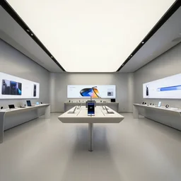 (2030s flagship retail interior Samsung Microsoft Apple.) XF IQ4, f/1.4, ISO 200, 1/160s, 8K, RAW, unedited, symmetrical balance, in-frame