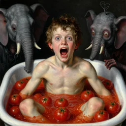 a boy like eraserhead and elephant man sitting in a tub full of tomato sauce, looking straight into camera, screaming in desperation, by giuseppe arcimboldo and ambrosius benson, renaissance, fruit, intricate and intense oil paint, a touch of beksinski and hr giger, realistic